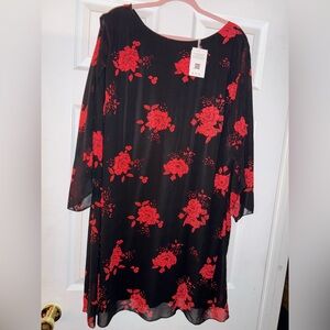 Elegant Black and Red Floral Dress with flutter sleeves